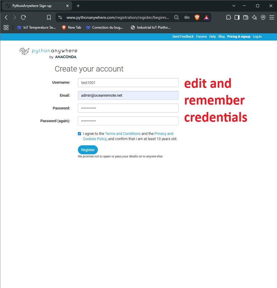Create PythonAnywhere Credentials